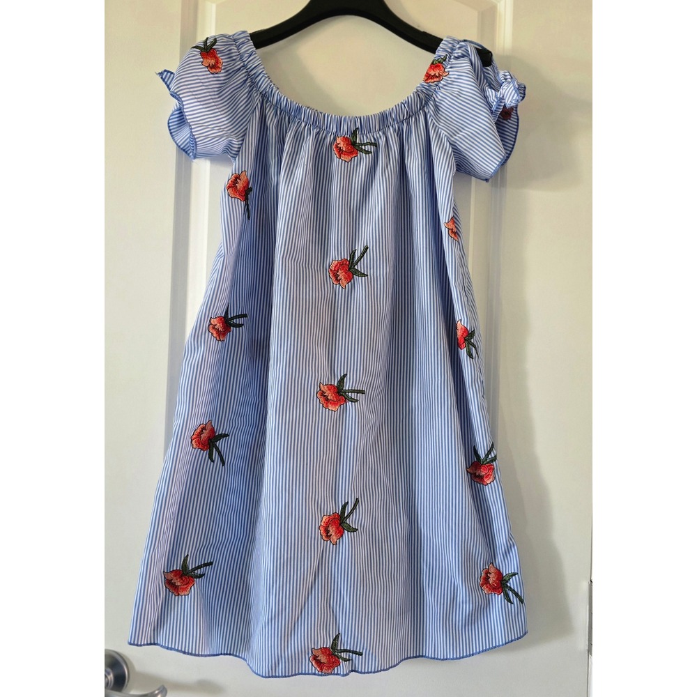 Miley + Molly Blue White‎ Striped Floral Embroidered Off Shoulder Dress L1732D S